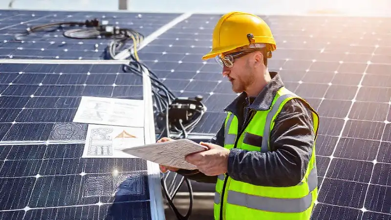 Técnico instala paneles solares con seguridad