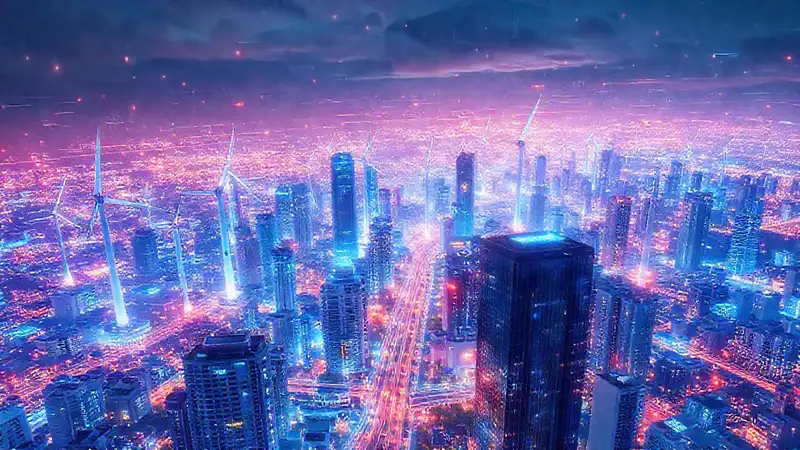 Ciudad futurista, energía sostenible y tecnología
