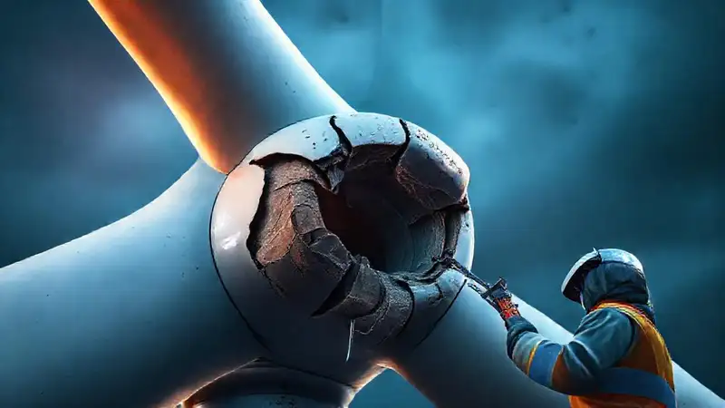 Técnico inspecciona palas dañadas de turbina