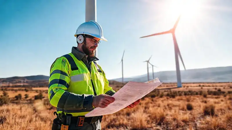 El técnico mantiene turbinas modernas de energía