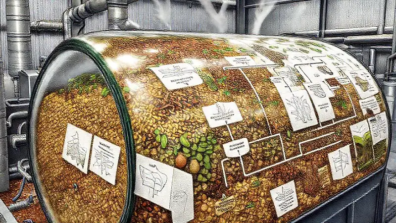Un biodigestor ilustra residuos orgánicos detalladamente