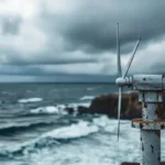 Turbina de viento destartalada en costa tormentosa
