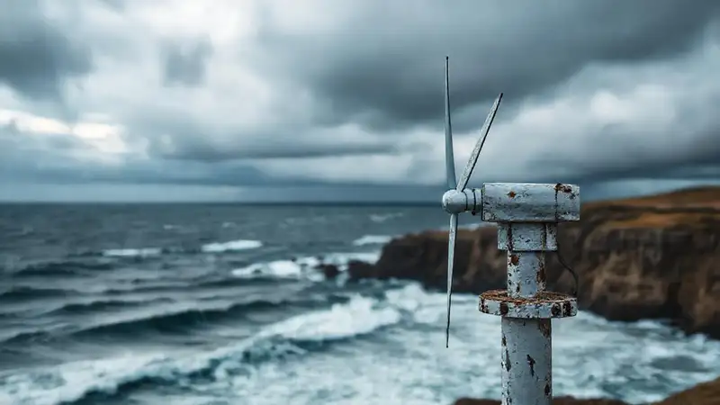 Turbina de viento destartalada en costa tormentosa