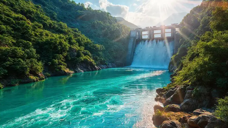 Río turquesa y presa serena
