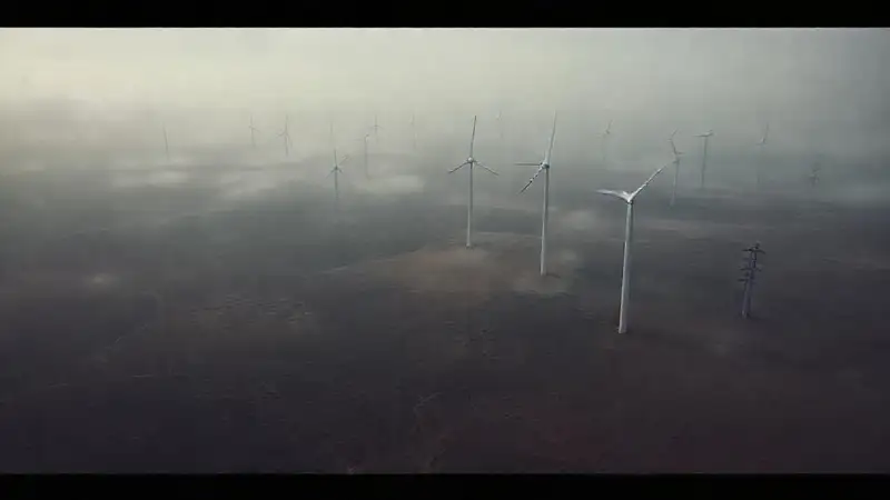 Turbinas imponentes en paisaje sereno y remoto