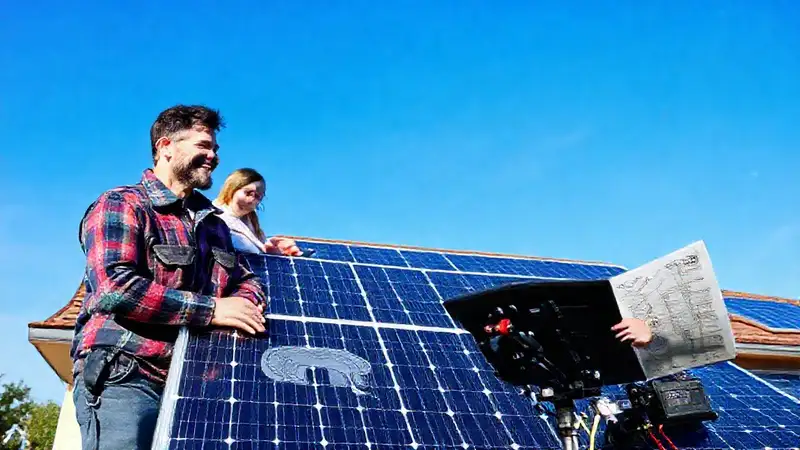 Familia feliz con energía solar