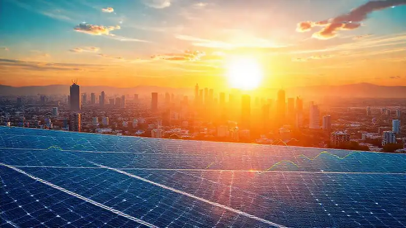 Paneles solares iluminan una ciudad futurista
