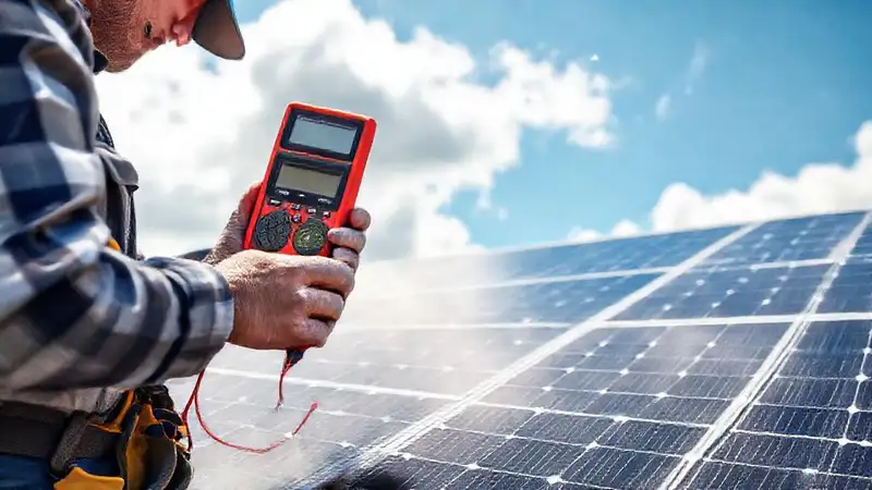 Técnico inspecciona paneles solares con precaución