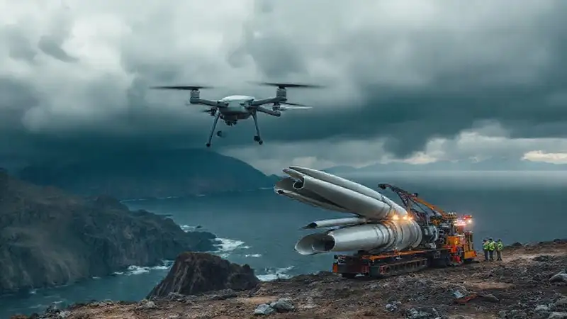 Dron con palas se eleva en costa