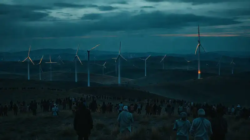 Turbinas de viento contrastan con paisajes serios