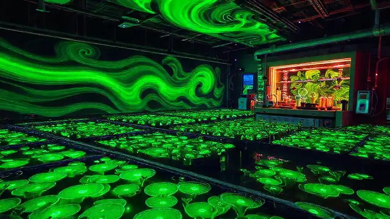 Una granja algal futurista brilla con luz