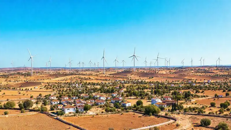 Turbinas eólicas ilustran un paisaje rural seguro
