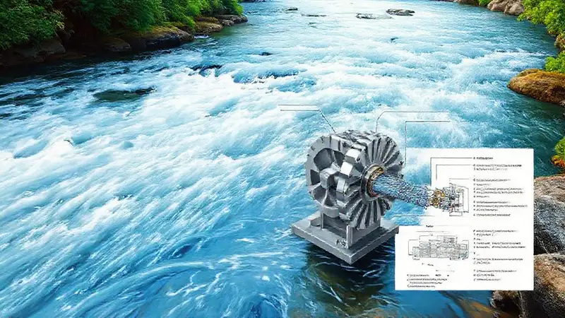 Turbina hidroeléctrica ilustra parámetros fluviales técnicos
