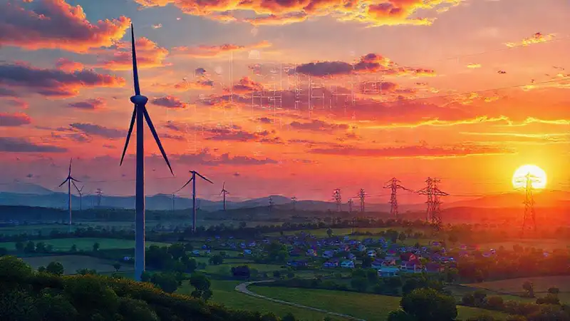 Turbina eólica ilustra una energía rural