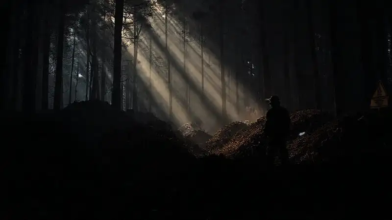 Peligro industrial en bosque oscuro