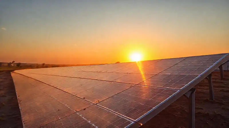 Paneles solares ilumina un amanecer agrícola