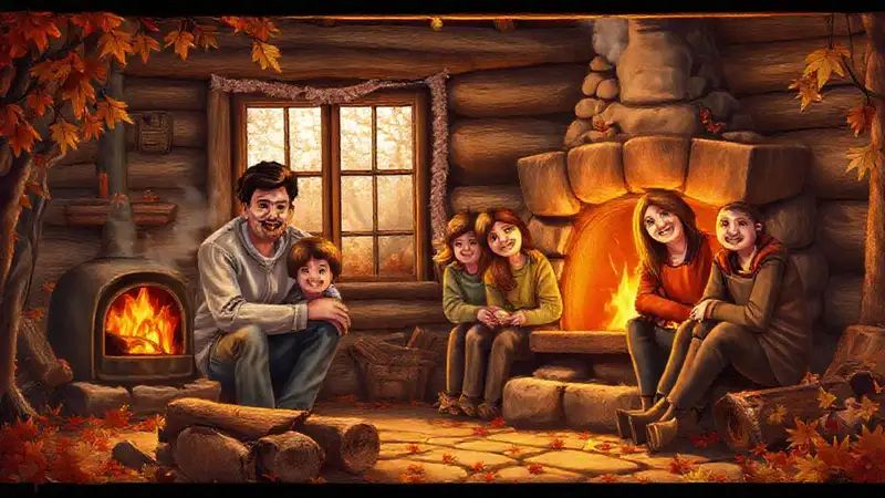 Una familia sonríe junto a su cabaña