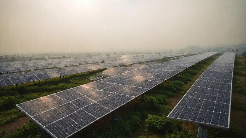 Paneles solares contrastan con un paisaje opaco