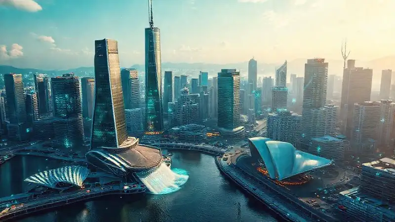 Ciudad futurista japonesa, brillante y dinámica