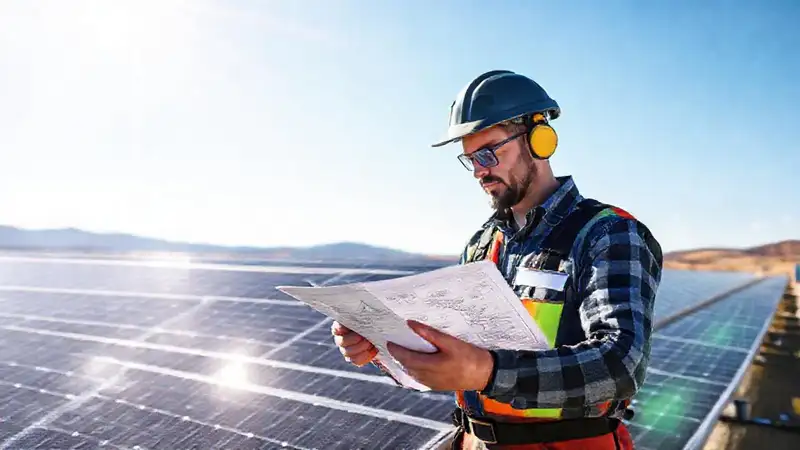 Técnicos instalan paneles solares con precisión