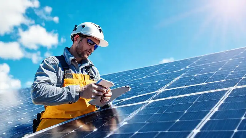 Técnico mantiene paneles solares limpios