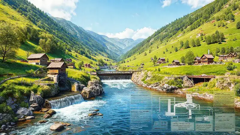 Turbina hidroeléctrica ilustra un paisaje rural