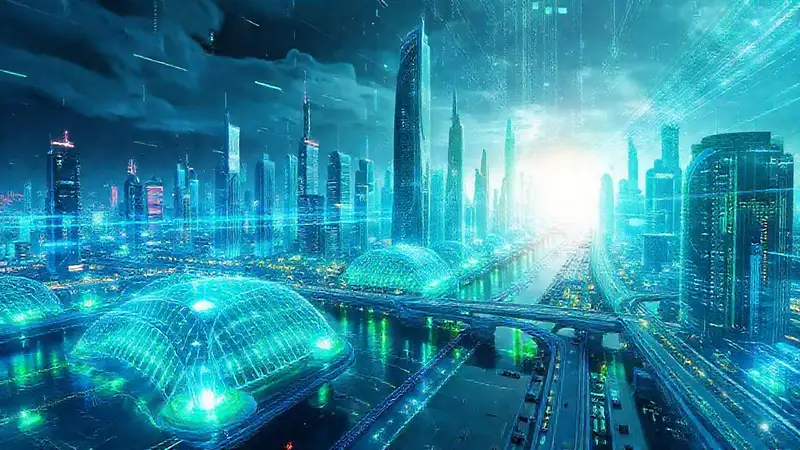 Ciudad futurista con energía oceánica digital