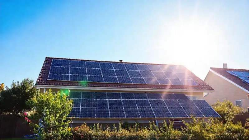 Paneles solares iluminan una familia feliz