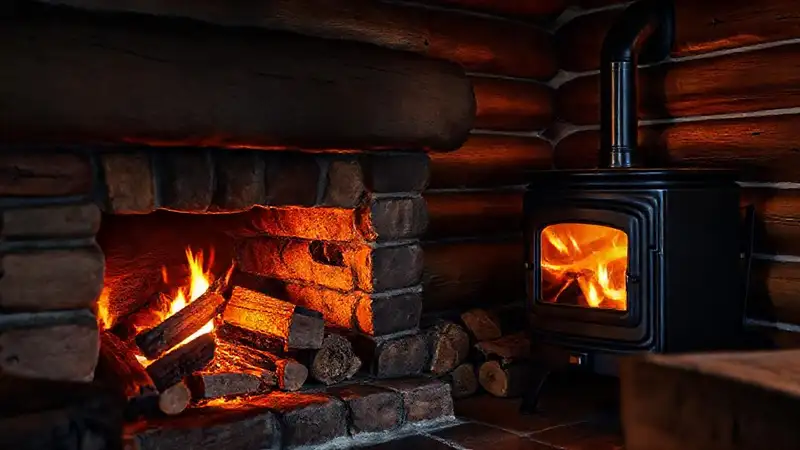 Cabaña rústica: fuego, textura y calidez
