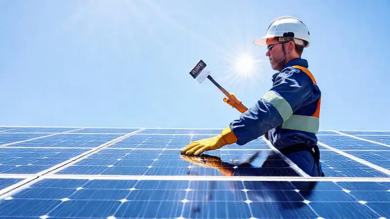 Un técnico limpia paneles solares brillantes
