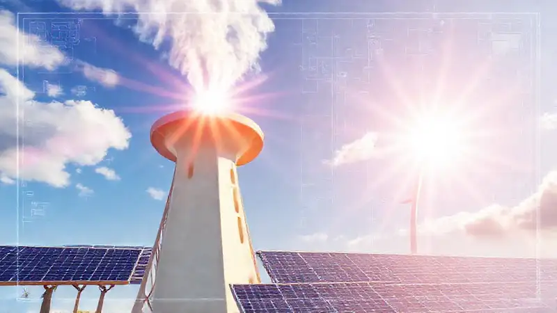 Torres solares generan energía limpia futurista