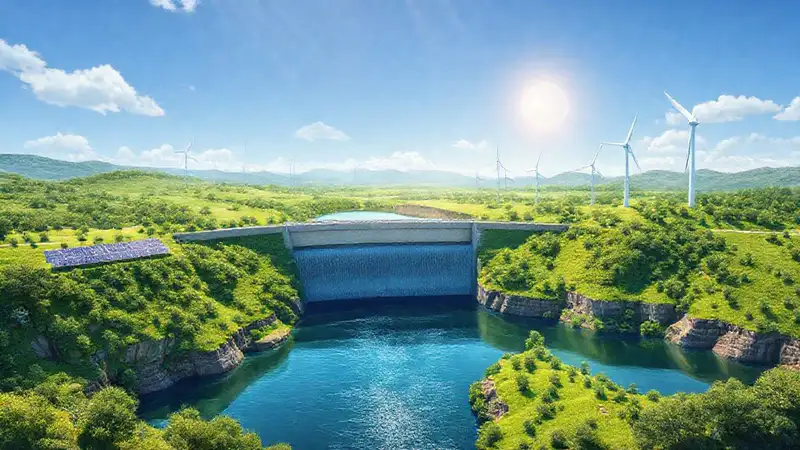 Un paisaje futurista y verde brilla