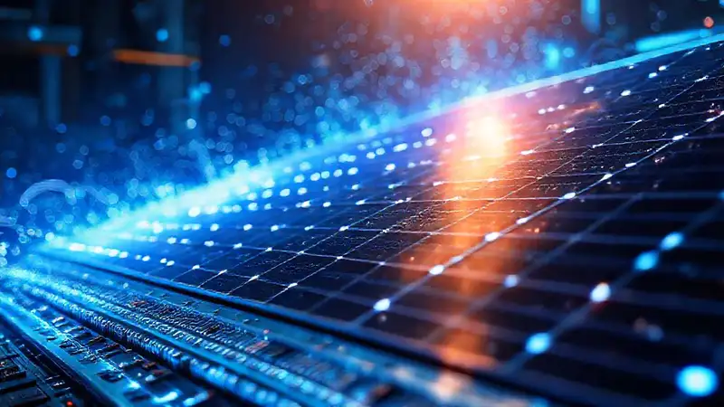 Panel solar futurista irradia energía azul