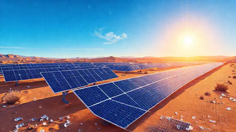 Paneles solares brillan sobre el desierto