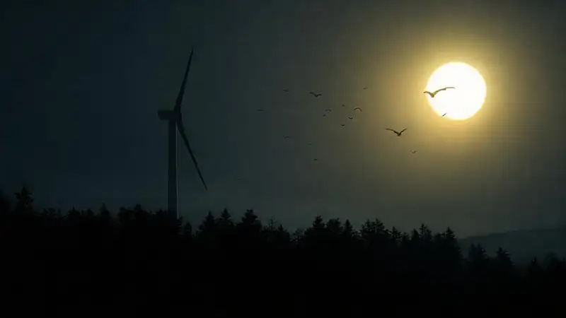 Turbina y aves en noche oscura