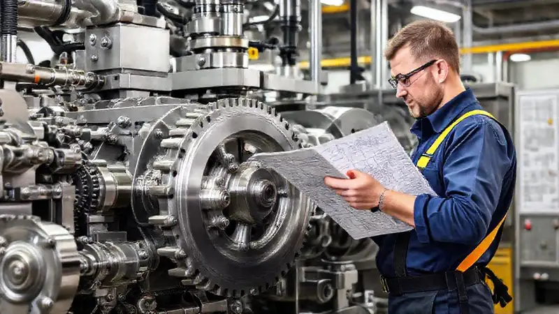 Técnico revisa maquinaria industrial detallada