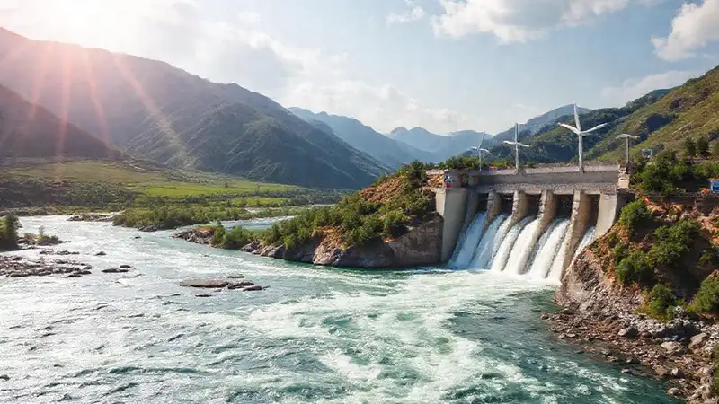 Presa hidroeléctrica en valle verde
