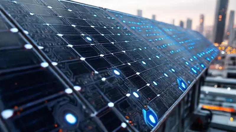 Paneles solares futuristas almacenan energía azul