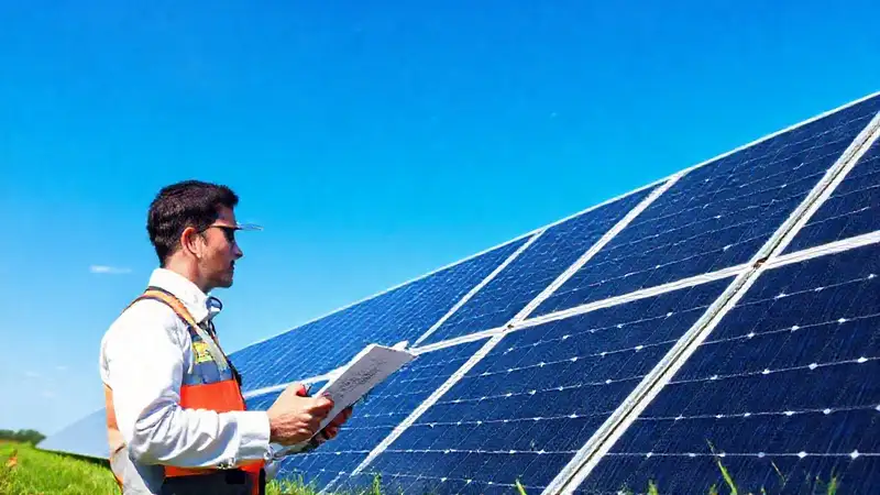 El técnico inspecciona paneles solares modernos
