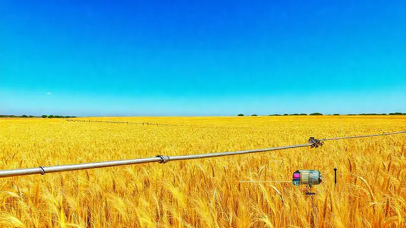Campo de trigo dorado, riego y agricultura