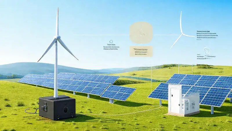 Turbina eólica y paneles solares ilustran energía