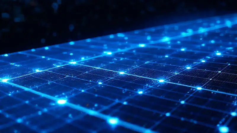 Paneles solares futuristas emiten luz azul intensa