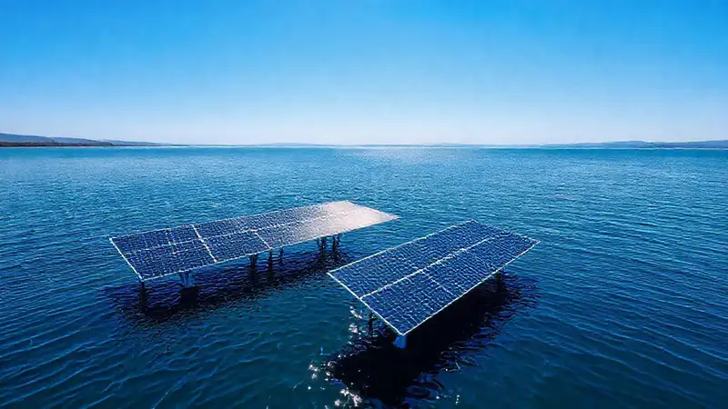 Paneles solares flotan sobre aguas azules