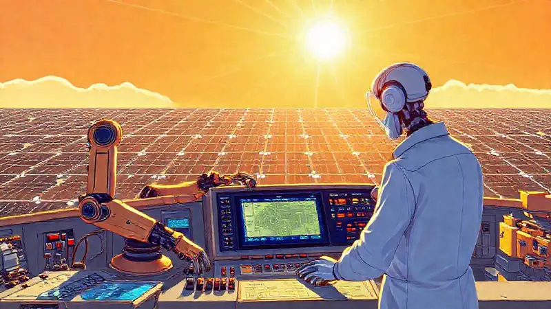 Un técnico controla un campo solar robótico