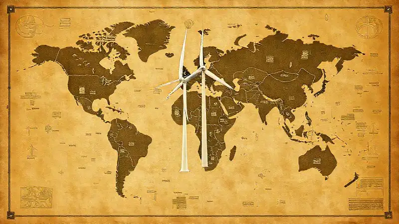 Un aerogenerador técnico ilustra un mapa global