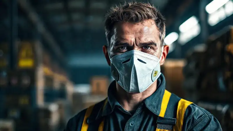 Trabajador industrial usa máscara de seguridad
